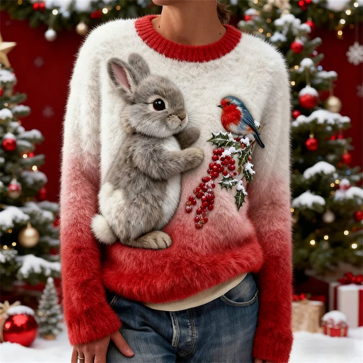 Suzette | Charming Winter Sweater with Rabbit and Robin