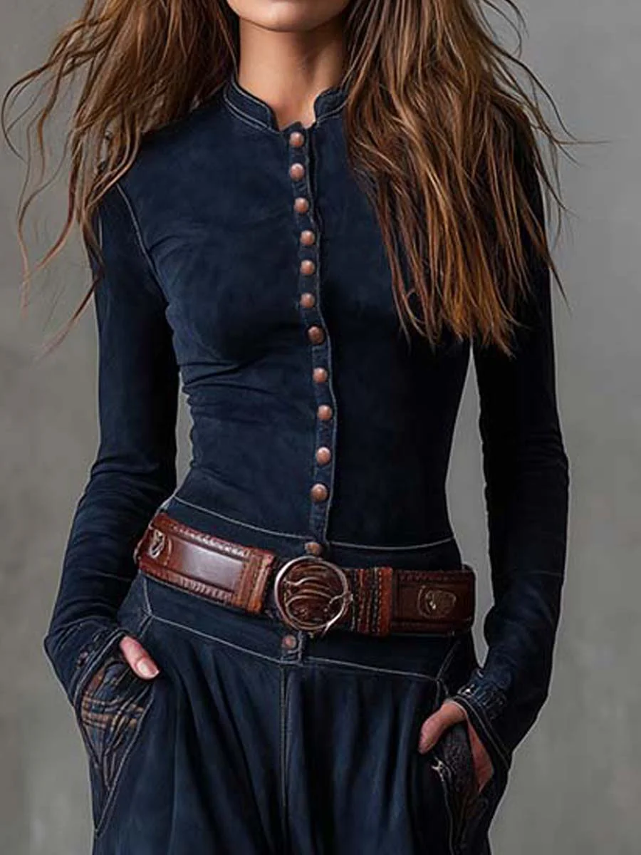 Helena™ | Navy Blue Suede Maxi Dress with Belt